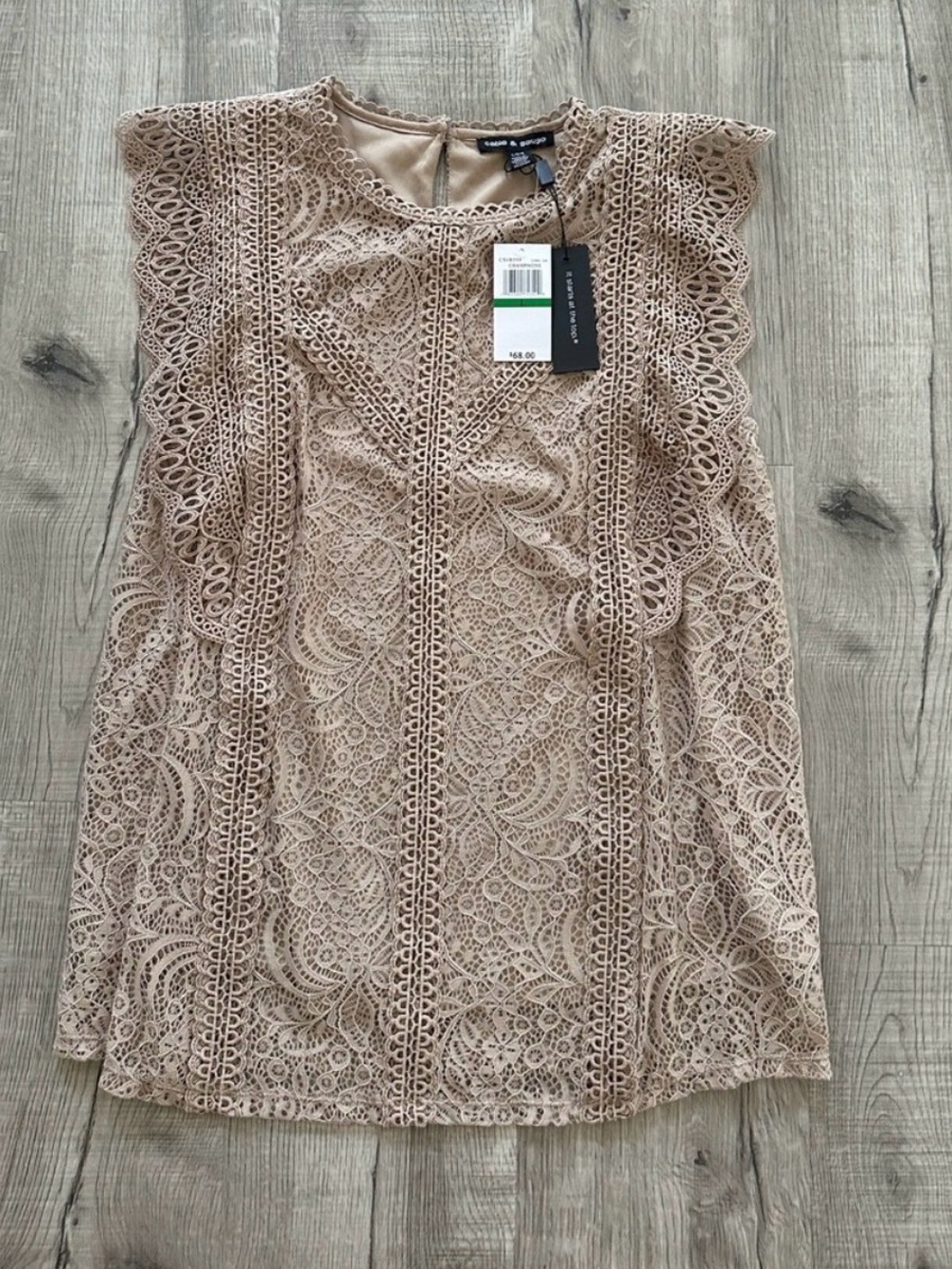 Cable & Gauge Lace Ruffle Cap Sleeve Camisole — Beige